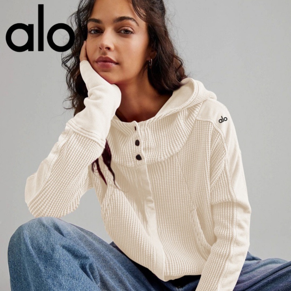 Alo Cream Waffle Knit Hoodie